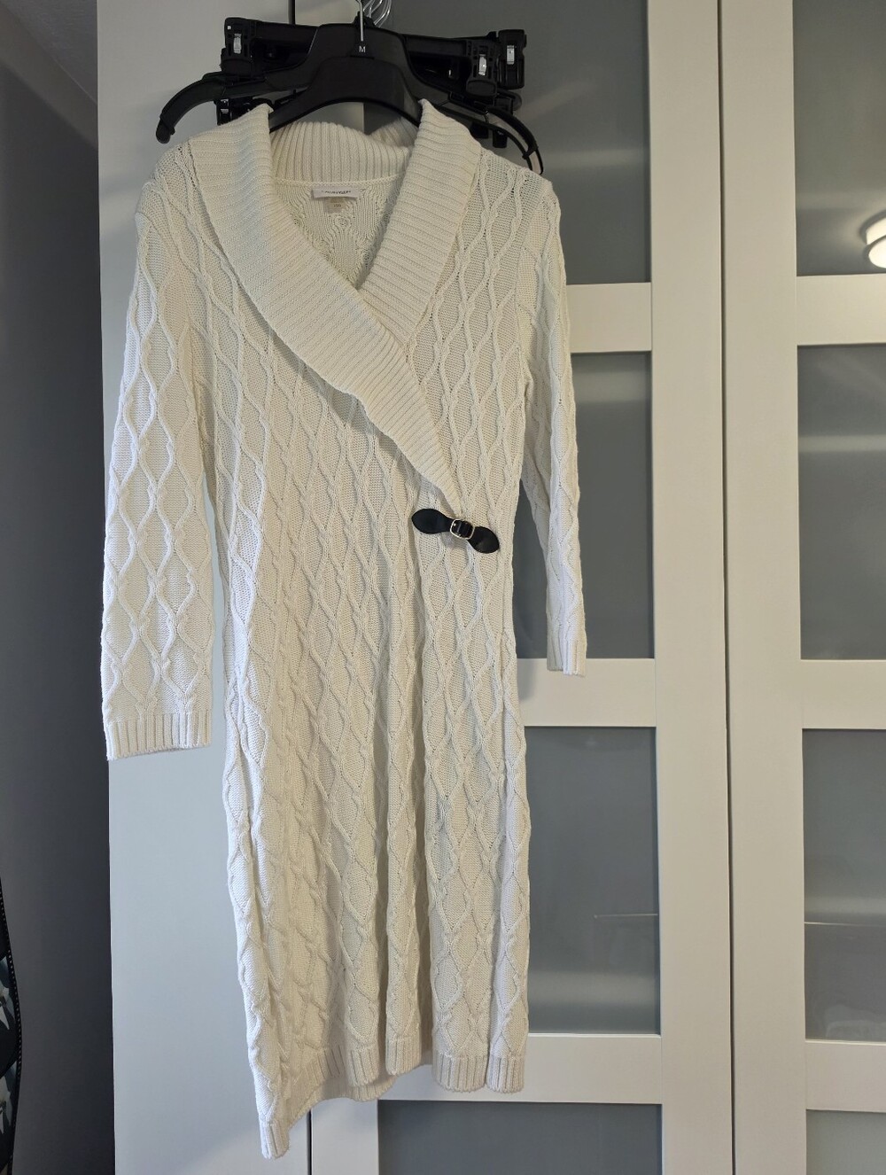 Calvin Klein Ivory Cable-Knit Shawl-Collar Wrap Dress